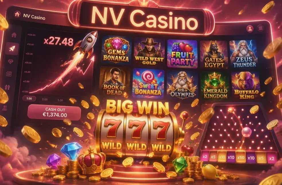 Schermopname van de NV Casino lobby met crashgames en slots naast elkaar